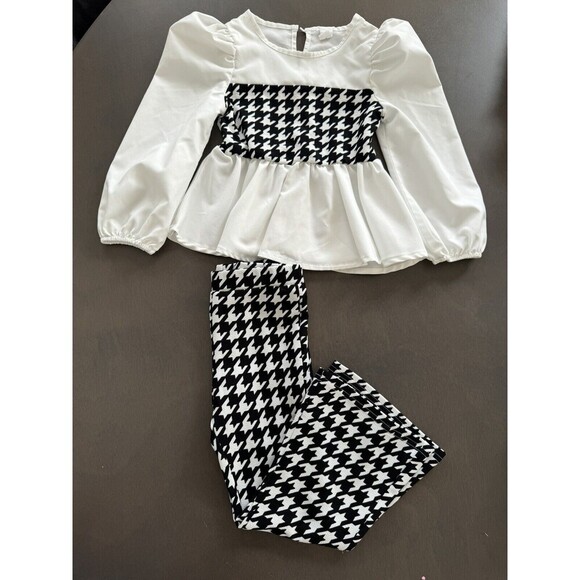 Girl's houndstooth print puff sleeves peplum top flare legs pants set size 4T - Picture 2 of 13